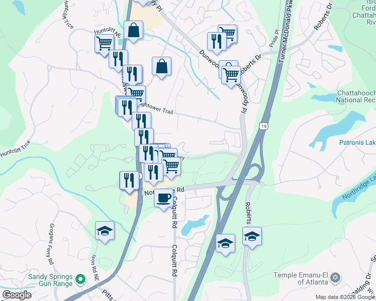 map of restaurants, bars, coffee shops, grocery stores, and more near 550 Northridge Parkway in Sandy Springs