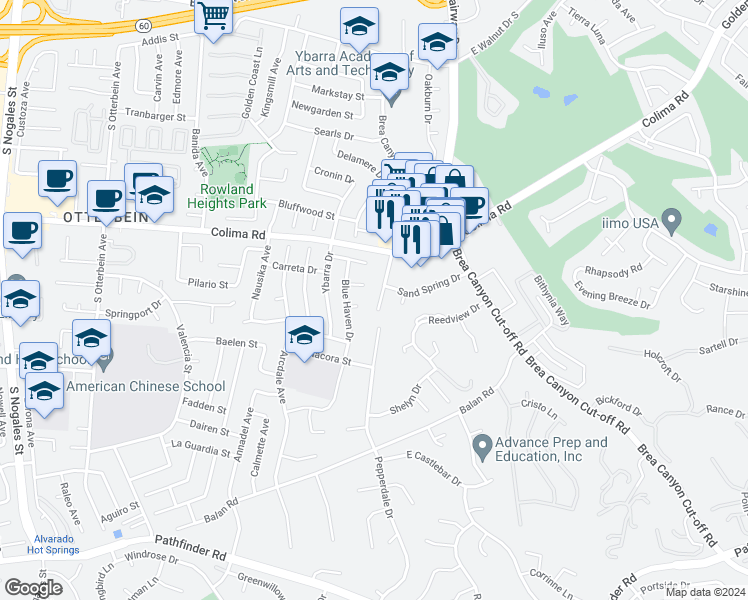 map of restaurants, bars, coffee shops, grocery stores, and more near 1761 Pepperdale Drive in Rowland Heights