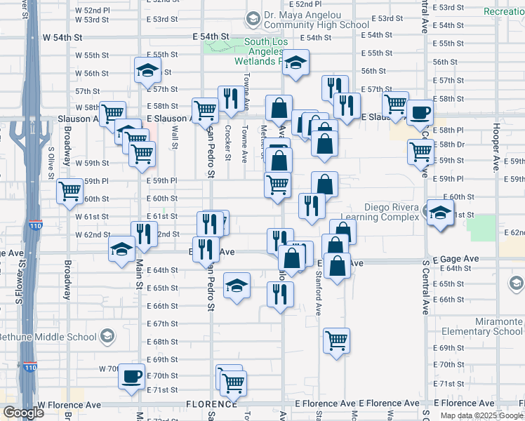map of restaurants, bars, coffee shops, grocery stores, and more near 427 East 61st Street in Los Angeles