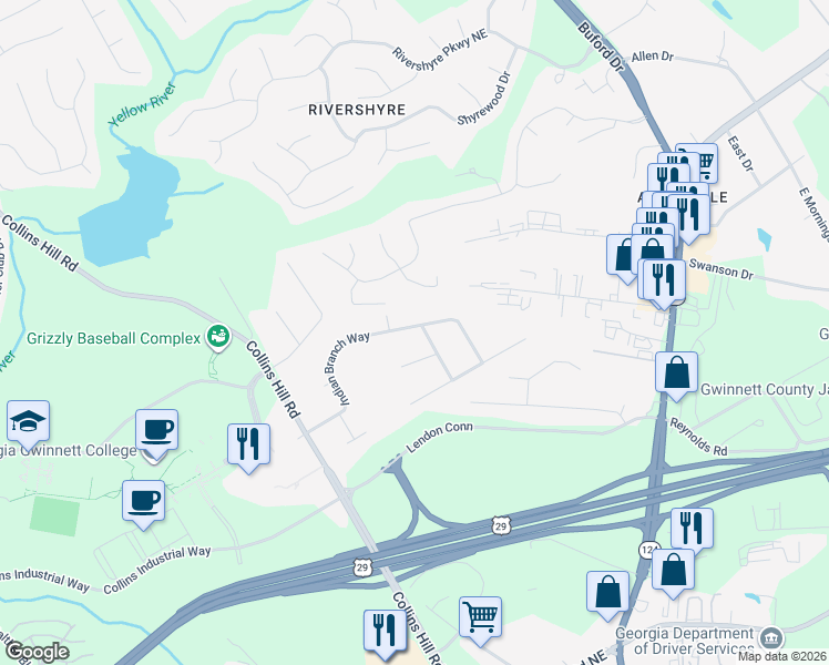 map of restaurants, bars, coffee shops, grocery stores, and more near 209 Indian Branch Way in Lawrenceville