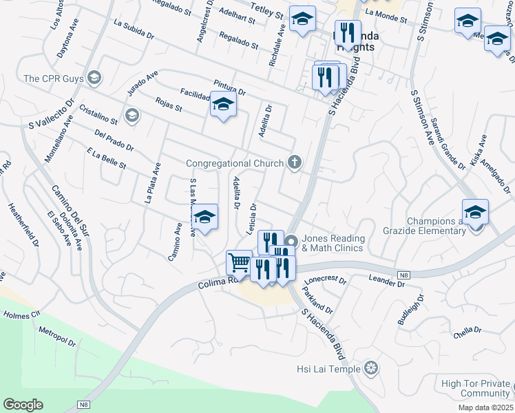 map of restaurants, bars, coffee shops, grocery stores, and more near 15702 Del Prado Drive in La Puente