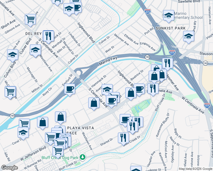 map of restaurants, bars, coffee shops, grocery stores, and more near 12120 Aneta Street in Culver City