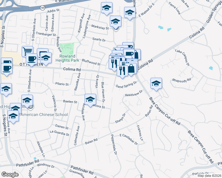 map of restaurants, bars, coffee shops, grocery stores, and more near 1761 Pepperdale Drive in Rowland Heights