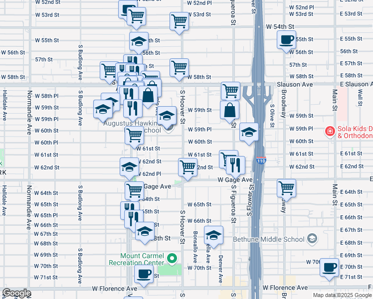 map of restaurants, bars, coffee shops, grocery stores, and more near 6100 South Hoover Street in Los Angeles