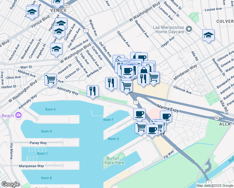 map of restaurants, bars, coffee shops, grocery stores, and more near 13650 Marina Pointe Drive in Los Angeles