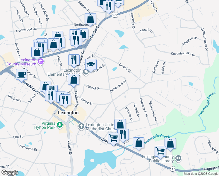 map of restaurants, bars, coffee shops, grocery stores, and more near 535 Harmon Street in Lexington