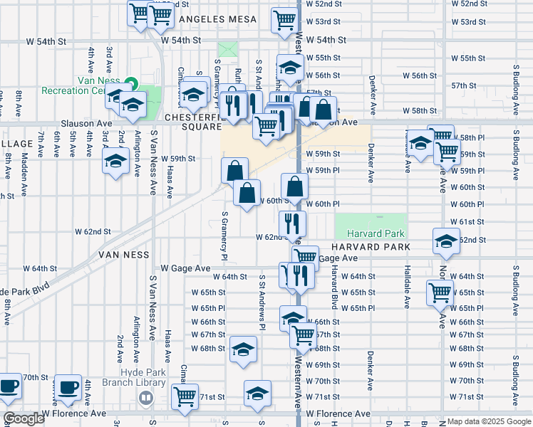 map of restaurants, bars, coffee shops, grocery stores, and more near 6000 South Saint Andrews Place in Los Angeles