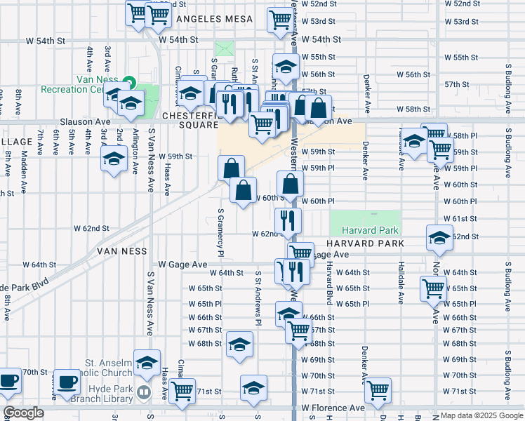 map of restaurants, bars, coffee shops, grocery stores, and more near 6000 South Saint Andrews Place in Los Angeles