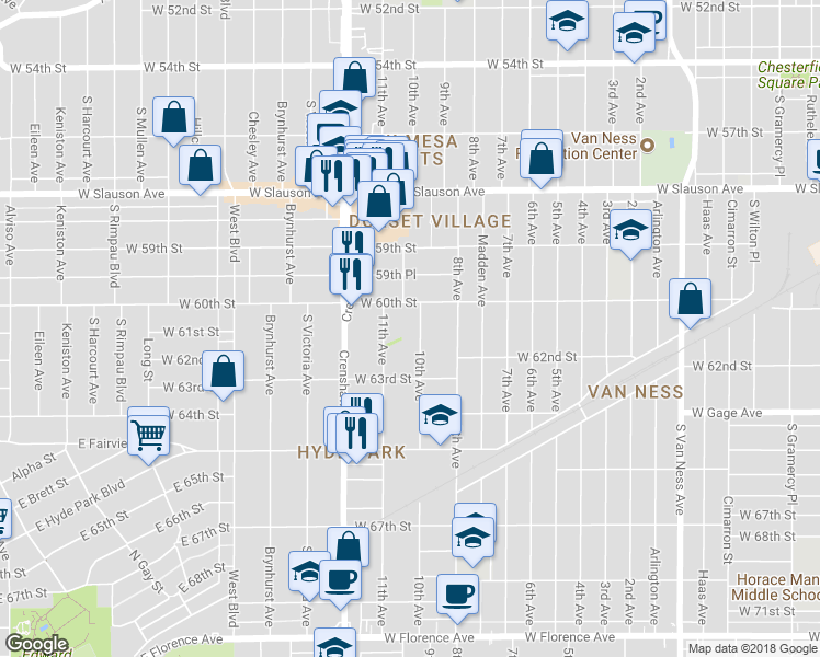 map of restaurants, bars, coffee shops, grocery stores, and more near 6027 10th Avenue in Los Angeles