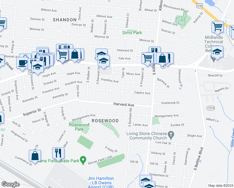 map of restaurants, bars, coffee shops, grocery stores, and more near 503 Tyler Street in Columbia