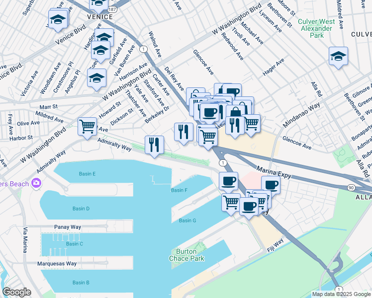 map of restaurants, bars, coffee shops, grocery stores, and more near 13700 Marina Pointe Drive in Los Angeles