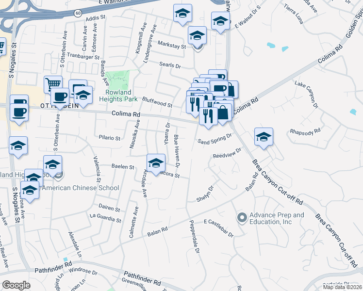 map of restaurants, bars, coffee shops, grocery stores, and more near 19635 Pilario Street in Rowland Heights