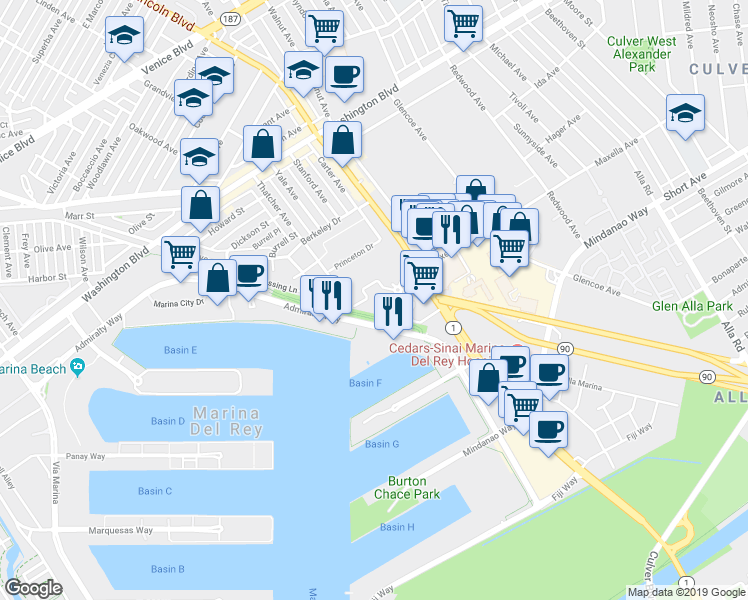 map of restaurants, bars, coffee shops, grocery stores, and more near 450 Marvin Braude Bike Path in Marina del Rey