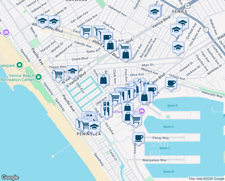 map of restaurants, bars, coffee shops, grocery stores, and more near 547 28th Avenue in Los Angeles