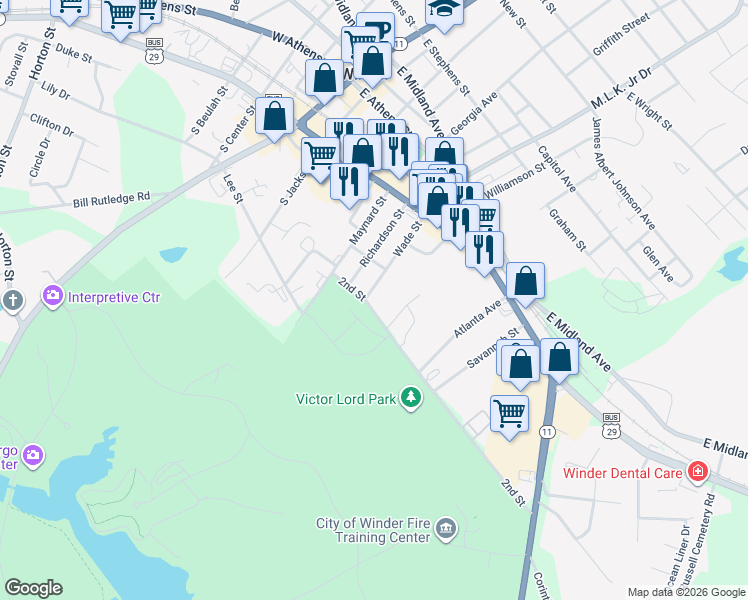 map of restaurants, bars, coffee shops, grocery stores, and more near 120 2nd Street in Winder