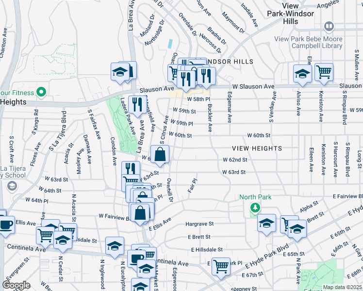 map of restaurants, bars, coffee shops, grocery stores, and more near 4479 West 61st Street in Los Angeles
