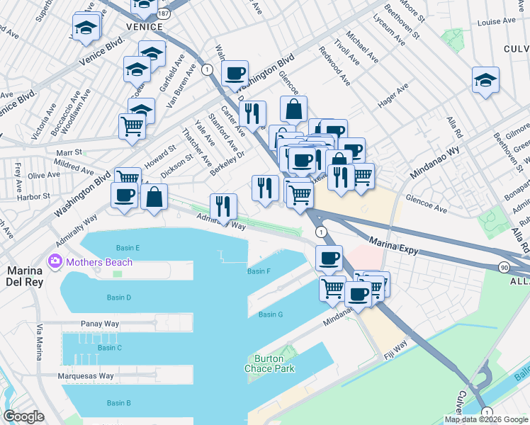 map of restaurants, bars, coffee shops, grocery stores, and more near 13700 Marina Pointe Drive in Marina del Rey
