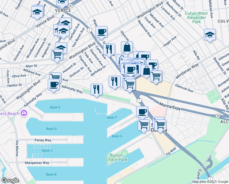 map of restaurants, bars, coffee shops, grocery stores, and more near 13700 Marina Pointe Drive in Marina del Rey