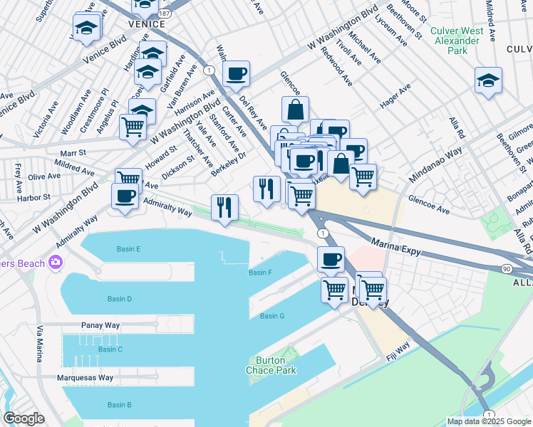 map of restaurants, bars, coffee shops, grocery stores, and more near 13700 Via Marina in Marina del Rey