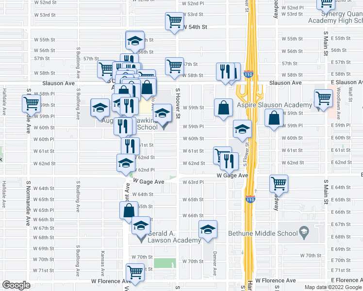 map of restaurants, bars, coffee shops, grocery stores, and more near 6080 South Hoover Street in Los Angeles