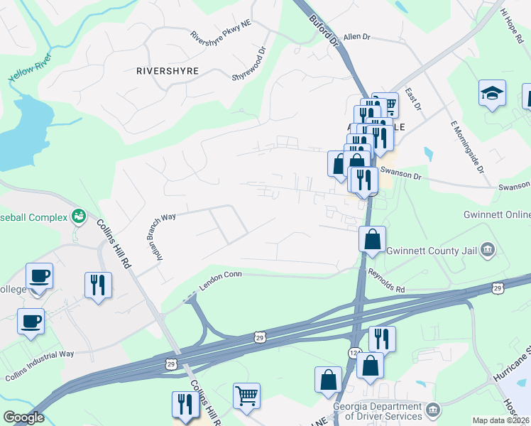map of restaurants, bars, coffee shops, grocery stores, and more near 231 Muddy River Road in Lawrenceville