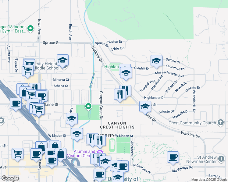 map of restaurants, bars, coffee shops, grocery stores, and more near 807 West Blaine Street in Riverside