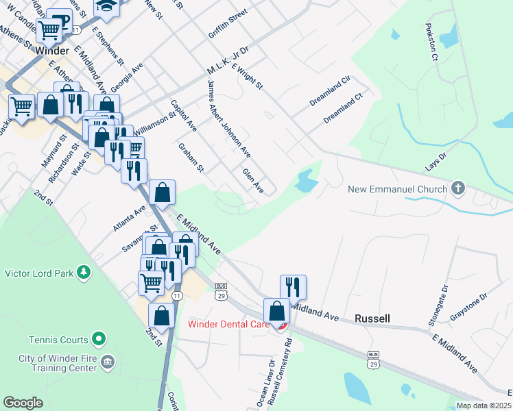map of restaurants, bars, coffee shops, grocery stores, and more near 323 Tuggle Street in Winder