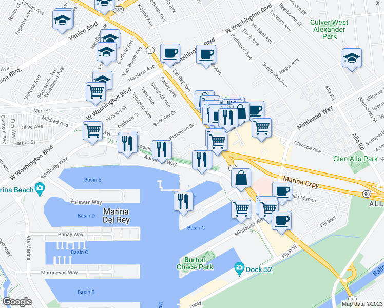 map of restaurants, bars, coffee shops, grocery stores, and more near 13700 Marina Pointe Drive in Los Angeles