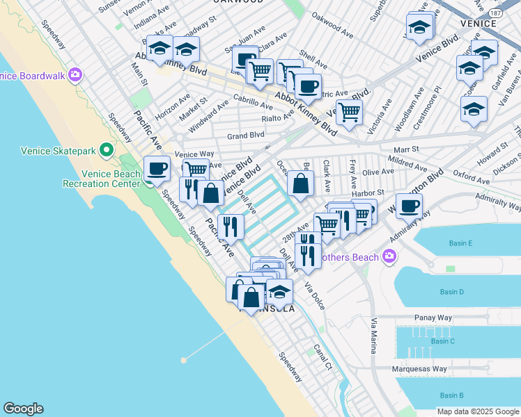 map of restaurants, bars, coffee shops, grocery stores, and more near 410 Linnie Canal in Los Angeles