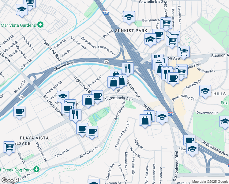 map of restaurants, bars, coffee shops, grocery stores, and more near 13196 Teale Street in Los Angeles