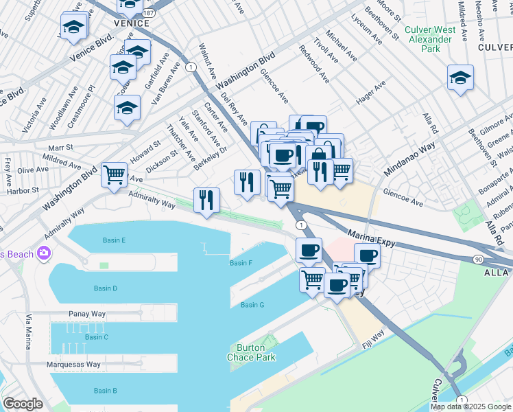 map of restaurants, bars, coffee shops, grocery stores, and more near 13650 Marina Pointe Drive in Los Angeles
