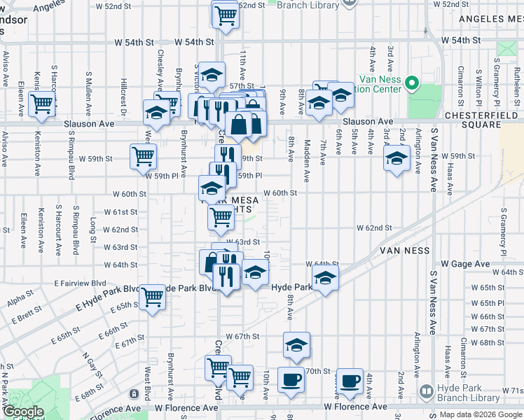 map of restaurants, bars, coffee shops, grocery stores, and more near 6027 10th Avenue in Los Angeles