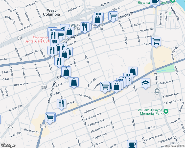 map of restaurants, bars, coffee shops, grocery stores, and more near 725 Moss Road in Cayce