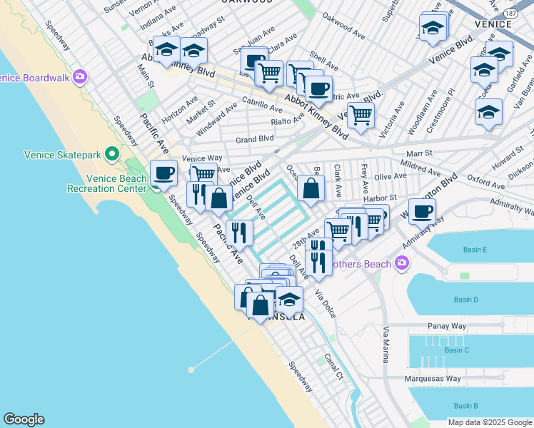 map of restaurants, bars, coffee shops, grocery stores, and more near 408 Linnie Canal in Los Angeles