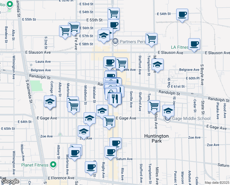map of restaurants, bars, coffee shops, grocery stores, and more near 6215 Pacific Boulevard in Huntington Park