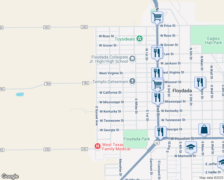 map of restaurants, bars, coffee shops, grocery stores, and more near 801-899 West California Street in Floydada