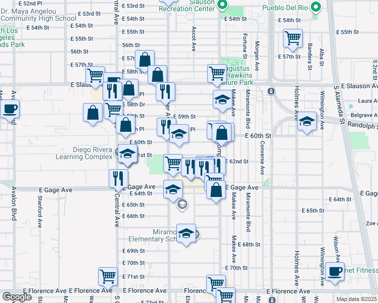 map of restaurants, bars, coffee shops, grocery stores, and more near 1332 East 61st Street in Los Angeles