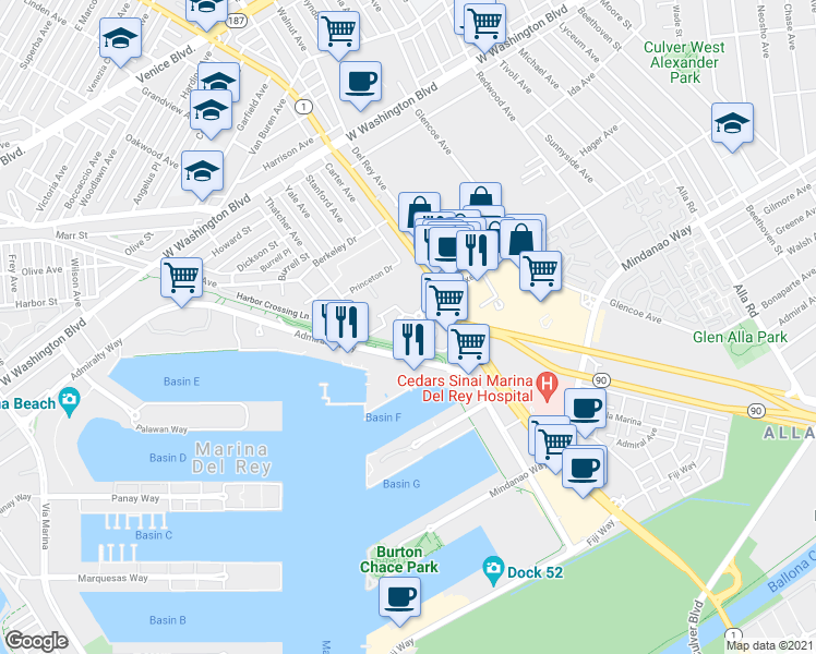 map of restaurants, bars, coffee shops, grocery stores, and more near 13700 Marina Pointe Drive in Marina del Rey