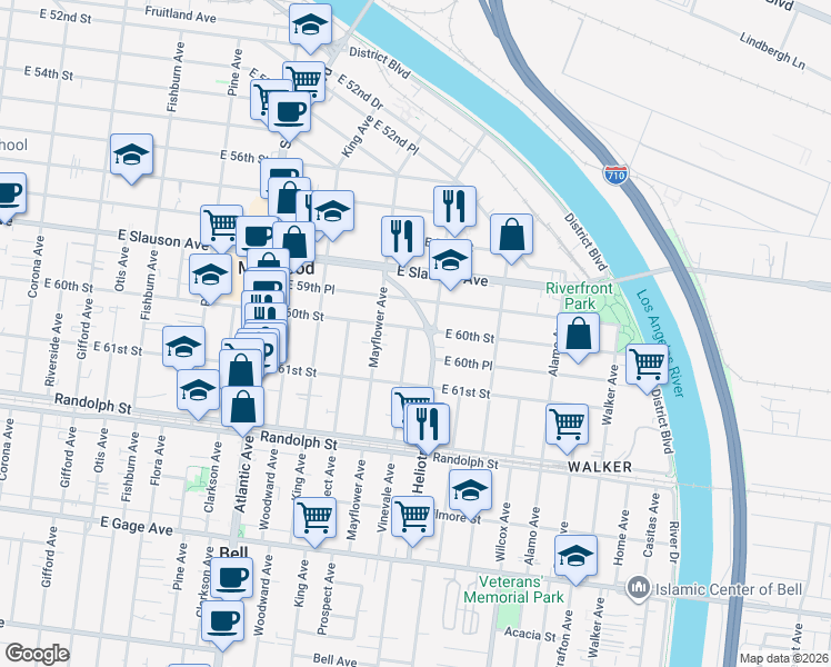 map of restaurants, bars, coffee shops, grocery stores, and more near 6000 Vinevale Avenue in Maywood