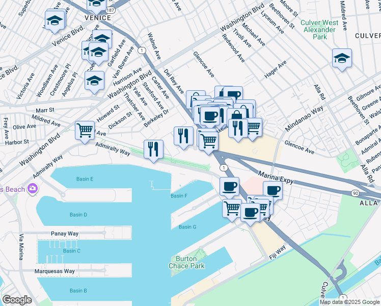 map of restaurants, bars, coffee shops, grocery stores, and more near 13650 Marina Pointe Drive in Los Angeles