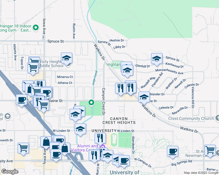 map of restaurants, bars, coffee shops, grocery stores, and more near 3170 Canyon Crest Drive in Riverside