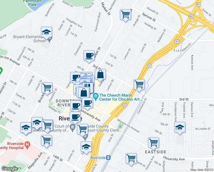 map of restaurants, bars, coffee shops, grocery stores, and more near 573 5th Street in Riverside
