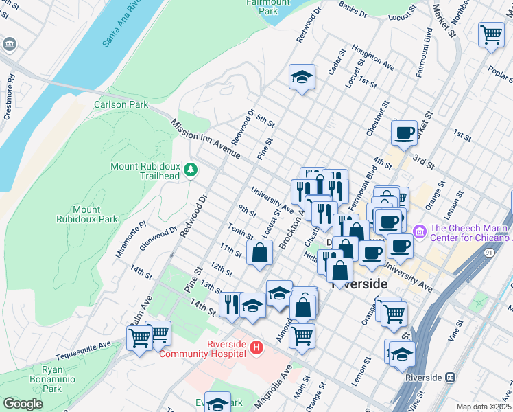 map of restaurants, bars, coffee shops, grocery stores, and more near 4308 9th Street in Riverside