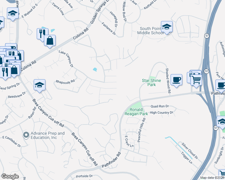 map of restaurants, bars, coffee shops, grocery stores, and more near 20544 Missionary Ridge Street in Walnut