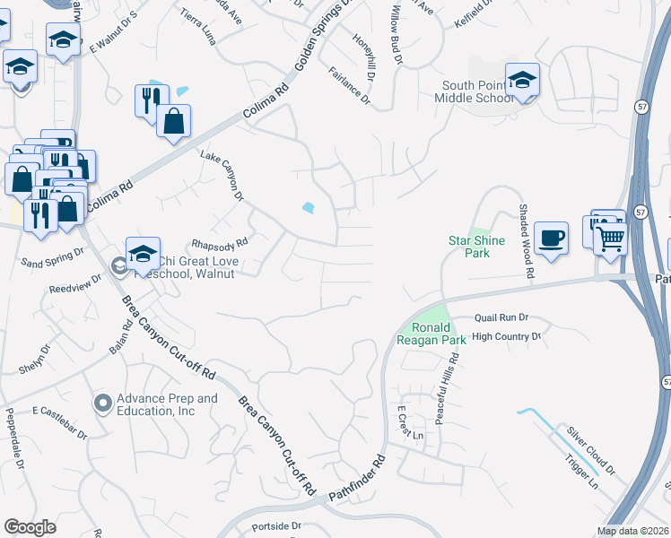 map of restaurants, bars, coffee shops, grocery stores, and more near 20502 Missionary Ridge Street in Walnut