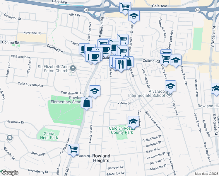 map of restaurants, bars, coffee shops, grocery stores, and more near 1935 Batson Avenue in Rowland Heights