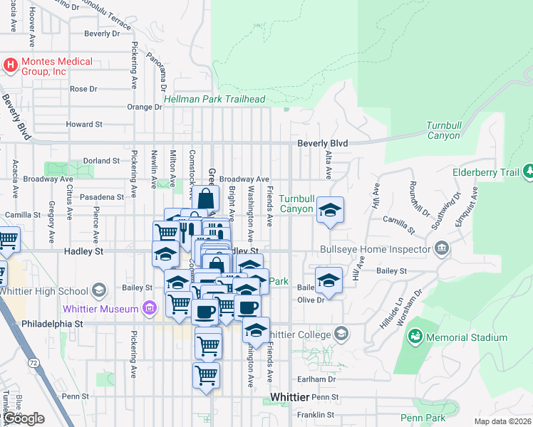 map of restaurants, bars, coffee shops, grocery stores, and more near 6257 Friends Avenue in Whittier