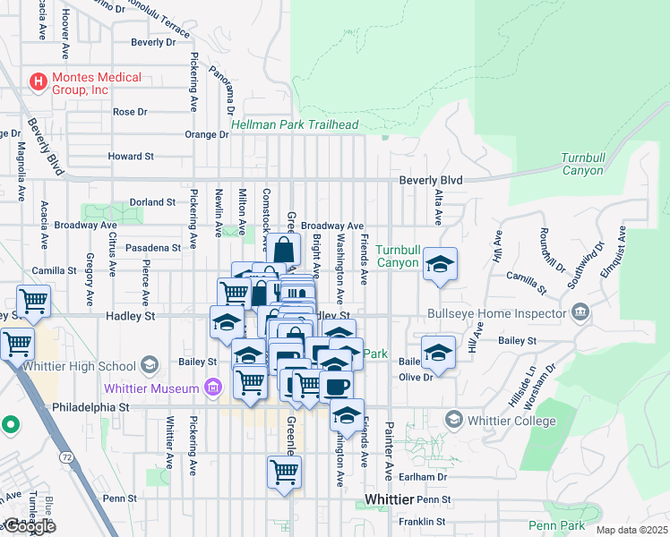 map of restaurants, bars, coffee shops, grocery stores, and more near 6315 Washington Avenue in Whittier