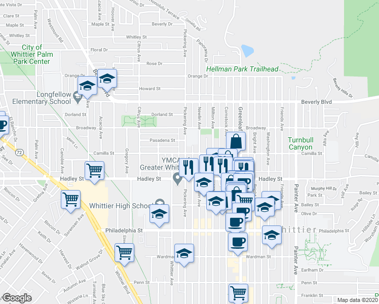 map of restaurants, bars, coffee shops, grocery stores, and more near 6319 Newlin Avenue in Whittier