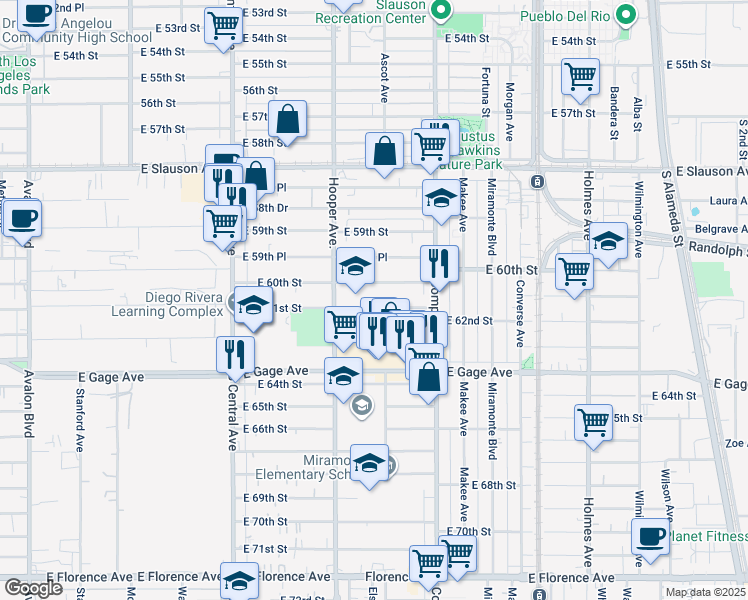map of restaurants, bars, coffee shops, grocery stores, and more near 1332 East 61st Street in Los Angeles